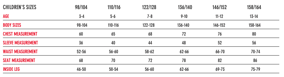 Children's Size Children's Sizes