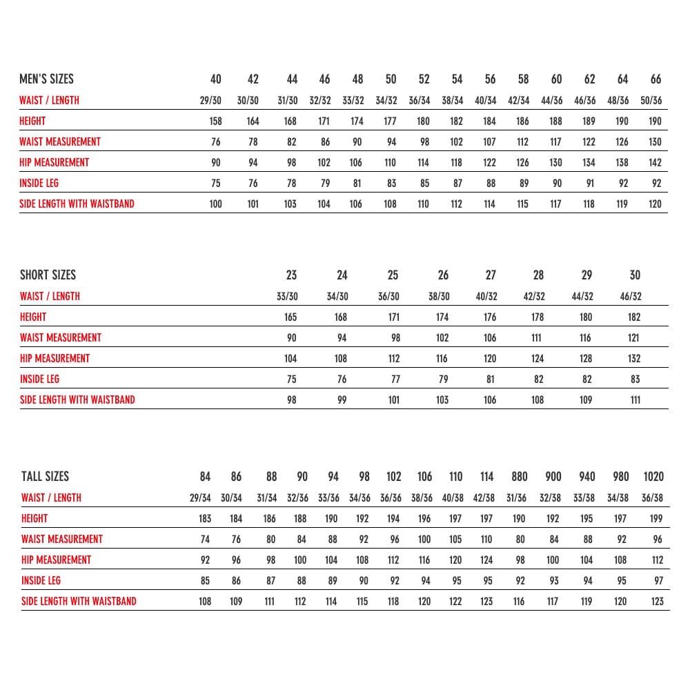 Men’s Pants Sizes Men's Pants Sizes